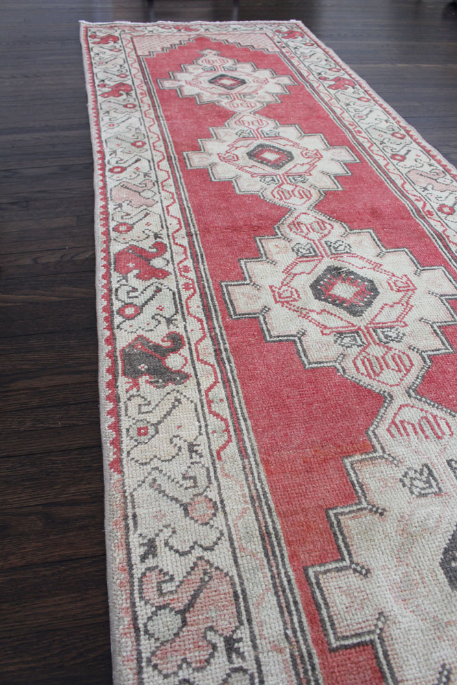 Red And Gray Patterned Vintage Turkish Runner Angle 1