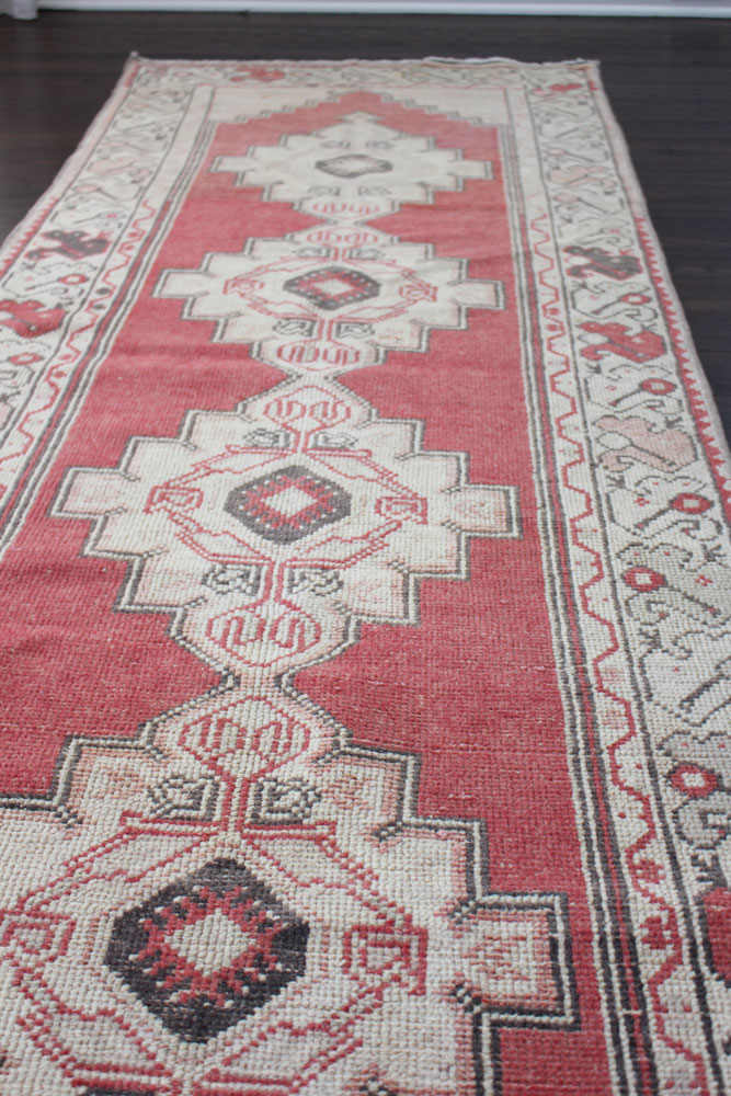 Red And Gray Patterned Vintage Turkish Runner Angle 2