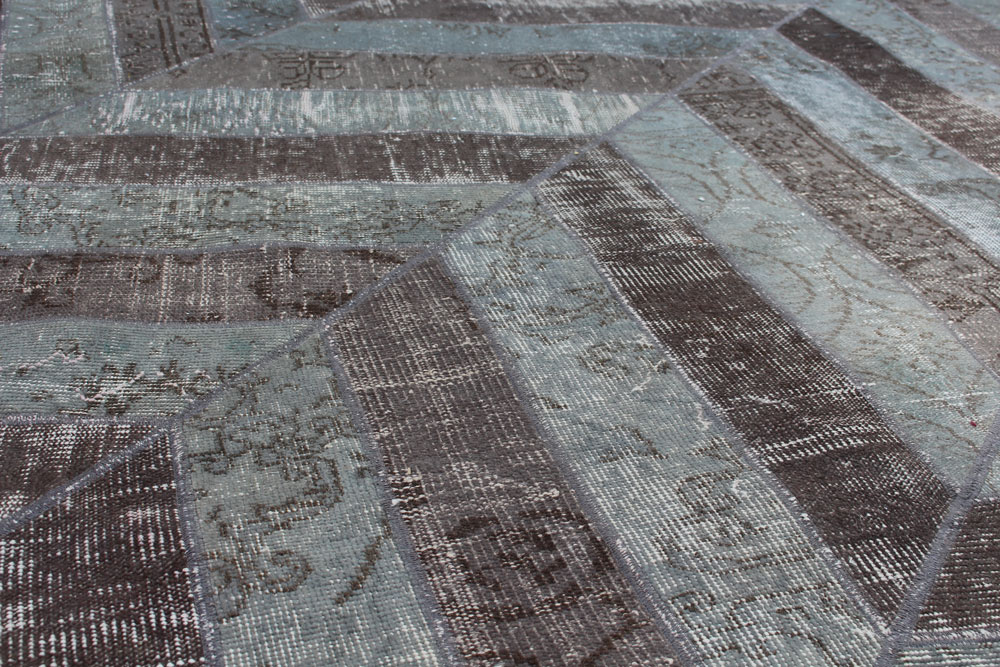 Blue Charcoal Tiled Patchwork Turkish Area Rug
