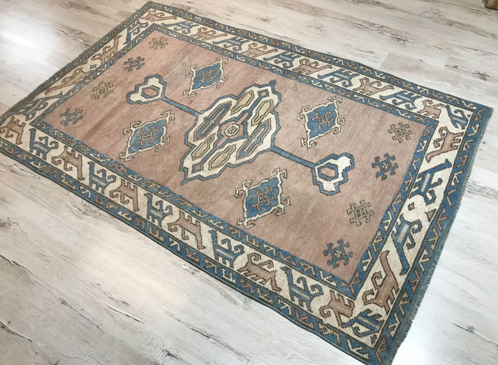 Brown Blue Neutral Oushak Turkish Area Rug Angle 1