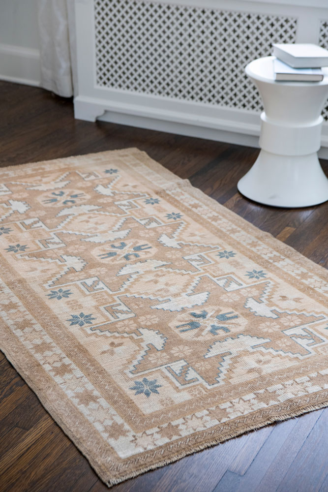 Brown Blue Neutral Oushak Turkish Area Rug Styled
