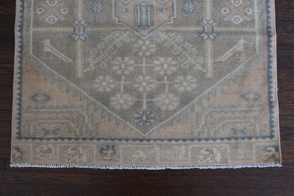 Brown Blue Vintage Turkish Runner Edge